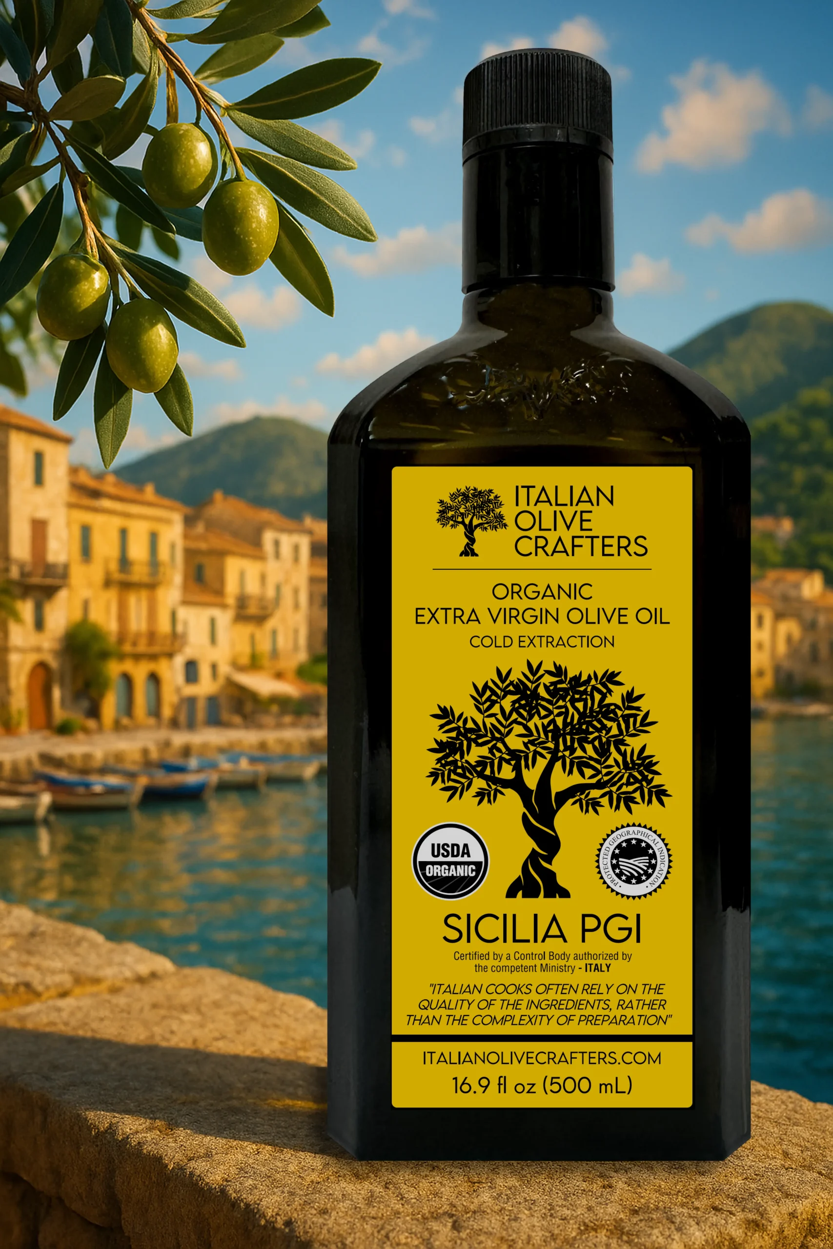 Decorative Image that shows the Bottle of Olive oil next to a Sicilian Seaside Town
