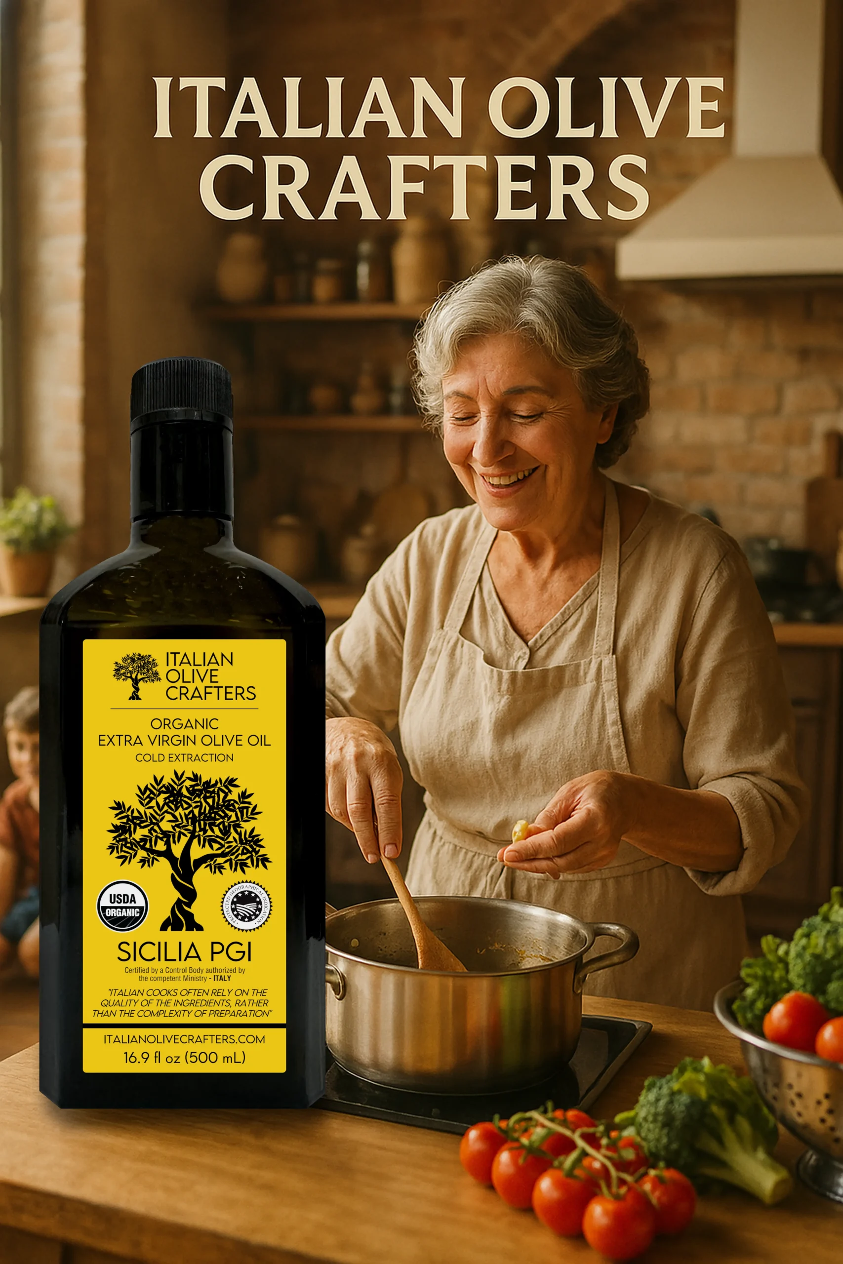 Nonna Pictured while Using Oil Bottle. On the top there is the text: "Italian Olive Crafters" Organic Extra Virgin Olive Oil Sicilia PGI On the bottom: Italianolivecrafters.com Net 16 fl oz. 500ml