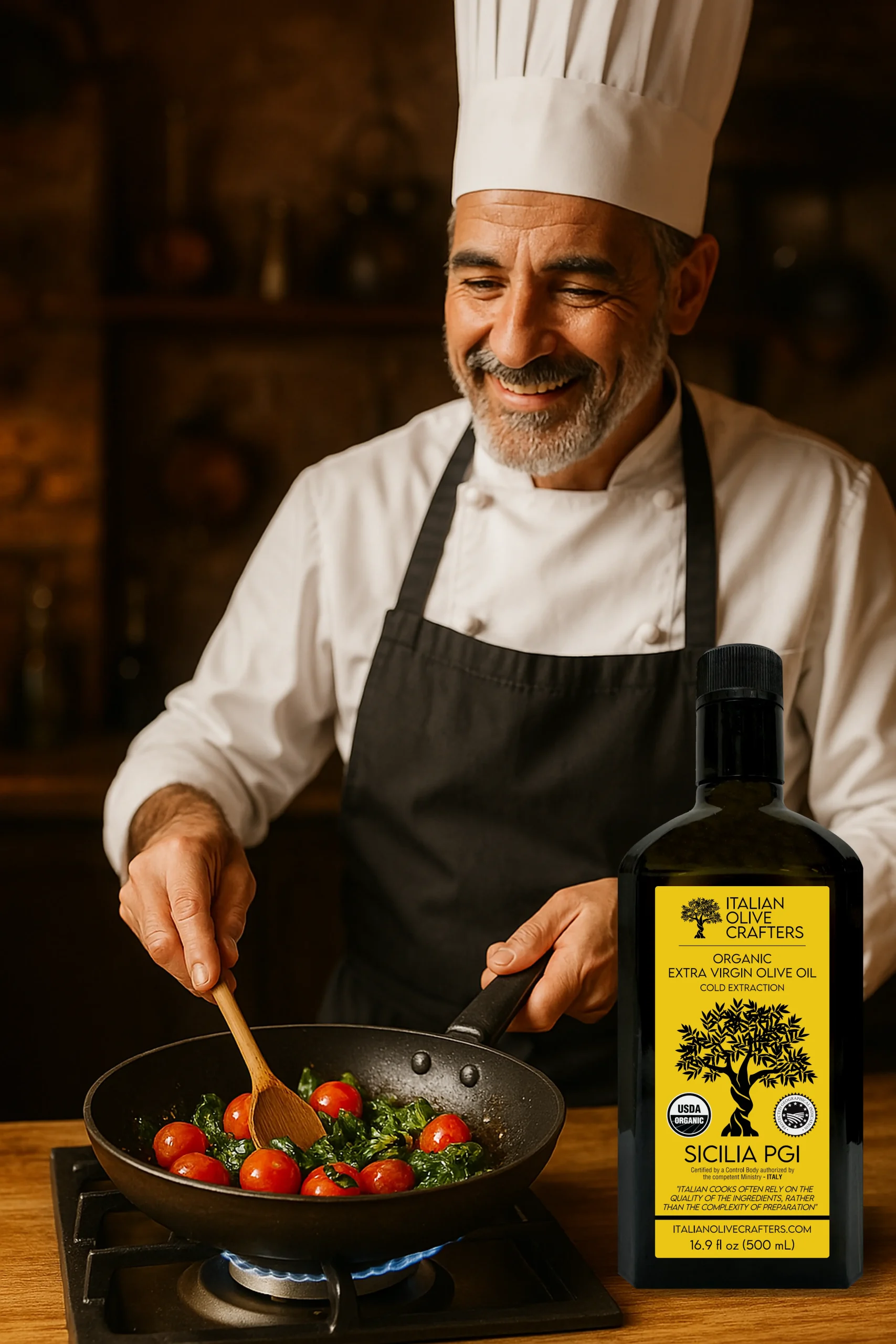 Decorative Image that shows the Bottle of Olive oil next to an Italian Chef