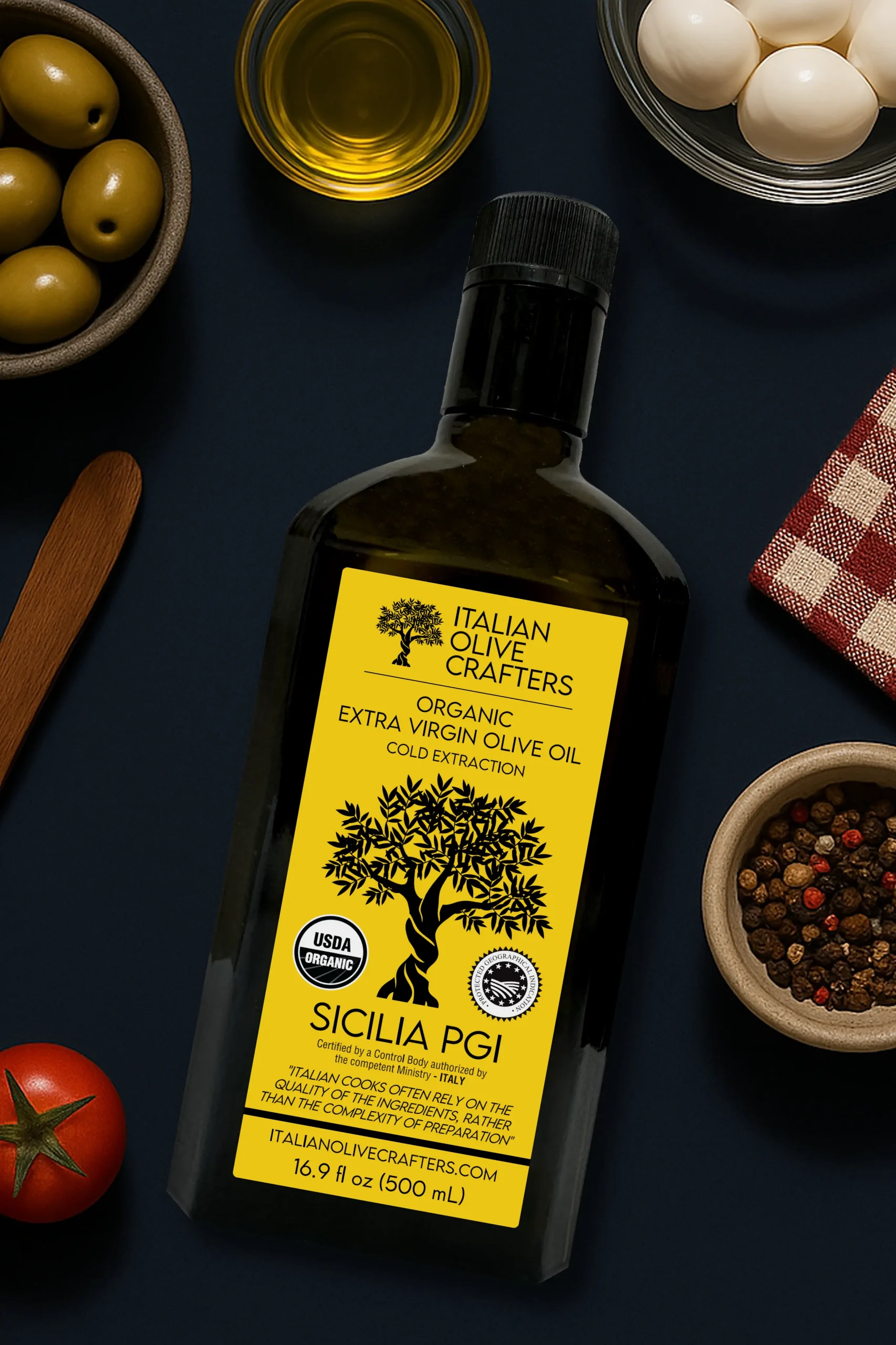 Decorative Image that shows the Bottle of Olive oil on a table